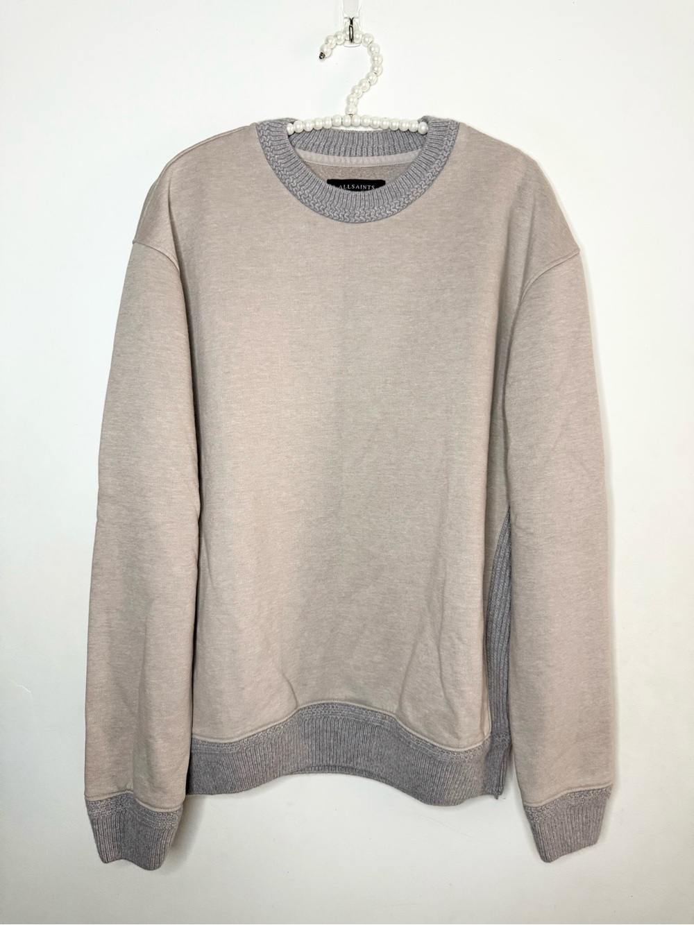 All Saints Men's Beige Crewneck with Gray Rib Trim